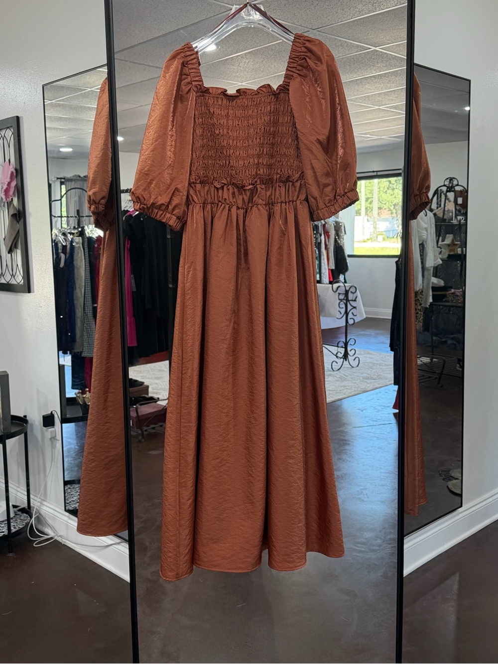 Moon River Burnt Orange Smocked Midi Dress with Puff Sleeves